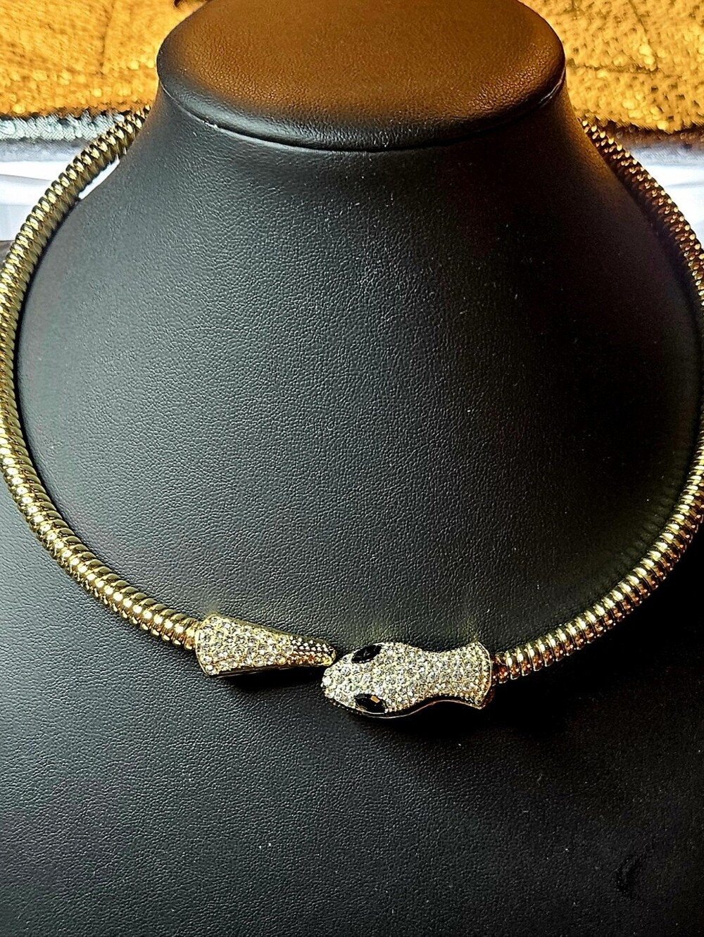 Vintage Statement Gold Tone Coiled Snake Collar Choker Necklace Pave Rhinestone
